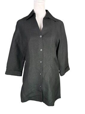 Annie Alexander 4 Linen Rayon Button Up Tunic Black 3/4 Sleeve Fitted Blouse VTG